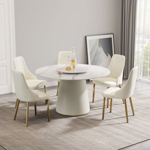 Modern Artificial Stone Round Plywood Base Dining Table, Can Accommodate 6 People, Artificial Stone Turntable (Not Including Chairs) - White / Beige by Couch.com