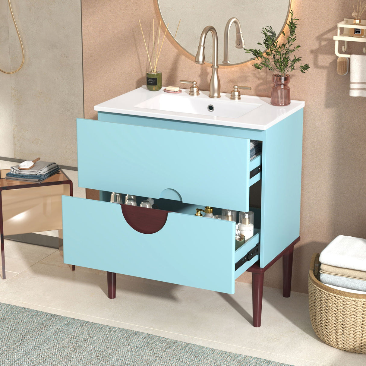 Bathroom Vanity Cabinet With Ceramic Sink Combo Set, Frame Modern Bathroom Storage Cabinet With 2 Drawers - Blue by Couch.com