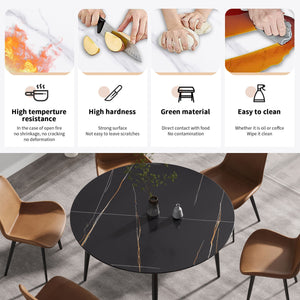 Modern Artificial Stone Round Dining Table With Metal Legs, Can Accommodate 6 People - Black by Couch.com