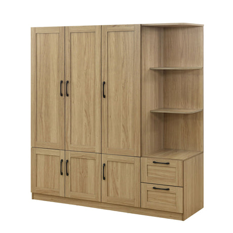 The 3 Door Storage Wardrobe for Bedroom features sleek black handles, four tall doors, two open shelves, and two drawers. It has a light oak finish and provides modern, functional storage with side storage shelves.