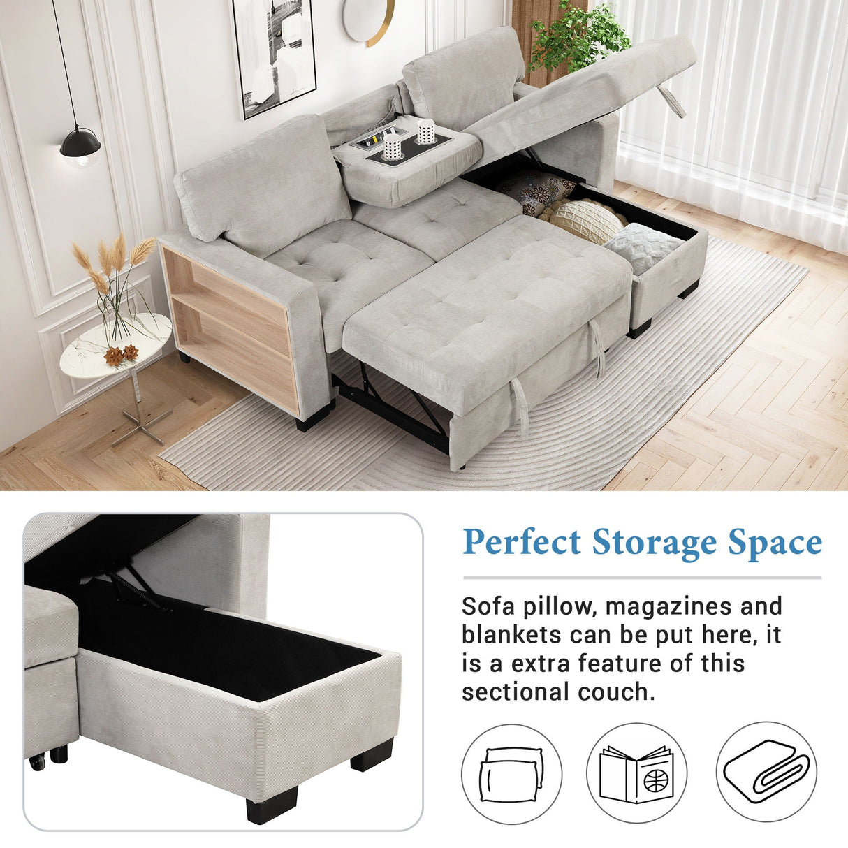 Stylish And Functional Light Chaise Lounge Sectional With Storage Rack Pull-Out Bed Drop Down Table And USB Charger by Couch.com