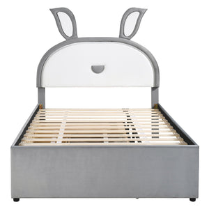 Upholstered Platform Bed With Trundle And 3 Drawers, Rabbit-Shaped Headboard With Embedded LED Lights by Couch.com