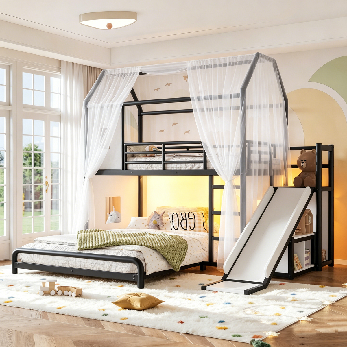 Twin over Full Playhouse Metal Bunk Bed with Slide & Ladder, House-Style Bunk Bed with LED Light Strip, Privacy Curtain, Movable Storage Cabinet and Hanging Rod, Twin over Full Kids Bunk Bed, Black