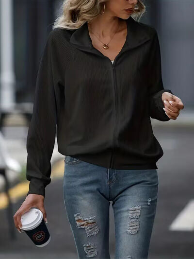 Simple White Zip Up Collared Neck Raglan Sleeve Jacket Comfortable Versatile Casual Women Wear
