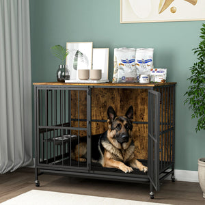 Modern Kennel Dogs Room Up To 80 Lb, Dog Crate Furniture With Multi-Purpose Rremovable Ttray, Double-Door Dog House, Lift Panel, 360 Degree Rotation, 3 Height Adjustable Feeding Bowls by Couch.com