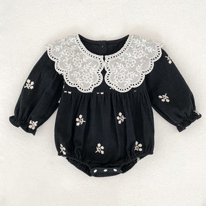 Girls Lace Romper With Long Sleeves And Embroidery