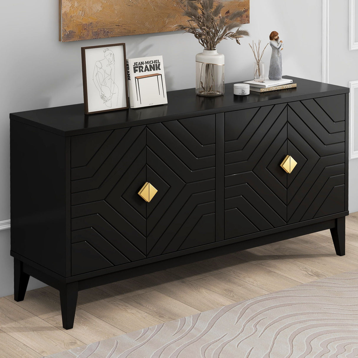 4 Door Sideboard Storage Cabinet For Living Room And Dining Room, 2 Large Cabinets With Gold Handles And Adjustable Shelf - Black by Couch.com