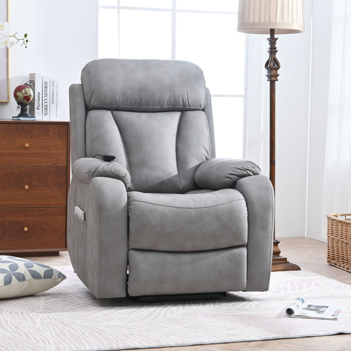 Electric Power Lift Recliner Chair, Fabric Recliner Chair, Home Theater Seating, Living Room Chair, Side Pocket, Remote Control - Light Gray by Couch.com