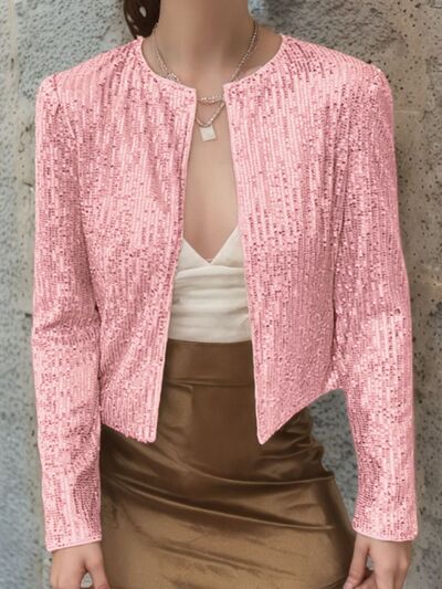 Elegant Women Full-Size Sequin Open Front Cropped Jacket With Glamorous Sparkle Luxury Women Party Jacket
