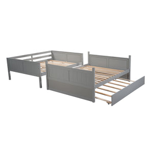 Two grey "Bunk Bed With Twin Size Trundle" frames with paneled headboards and footboards are placed side by side. Both feature slatted bases without mattresses, showcasing a minimalist and modern design.