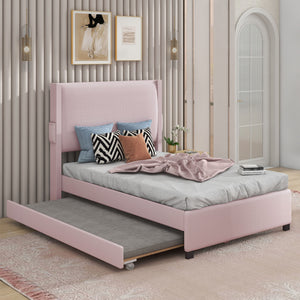 Couch.com Twin Size Upholstered Bed Frame With Trundle Bed, Teddy Fabric, USB Functionality, And A Pocket Design On The Side Of The Headboard For Storing Small Items Baby Pink, with Storage by Couch.com