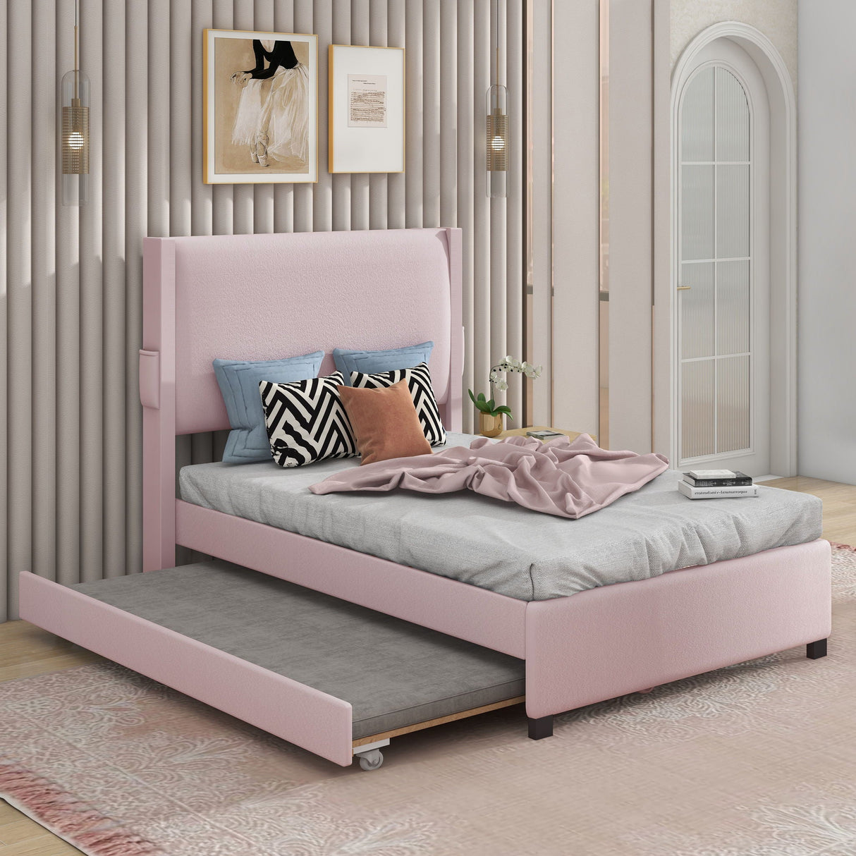 Twin Size Upholstered Bed Frame With Trundle Bed, Teddy Fabric, USB Functionality, And A Pocket Design On The Side Of The Headboard For Storing Small Items - Baby Pink by Couch.com