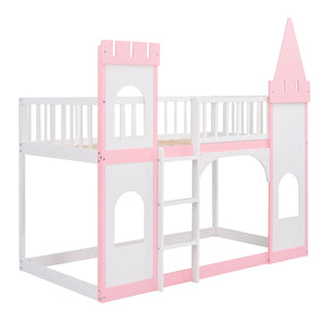 Twin Over Twin Castle Bunk Bed With Ladder - Pink by Couch.com