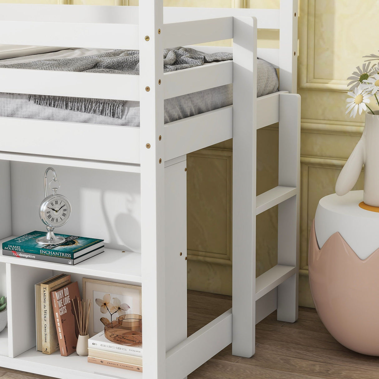 House Loft Bed With Roof Frame, Under Bed Shelving Storage Unit, Guardrails, Ladder by Couch.com