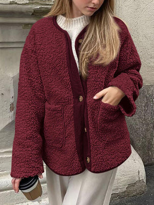 Modern Cozy Women Luxuriously Cozy Contrast Button Up Sherpa Jacket with Pockets For Fall & Winter