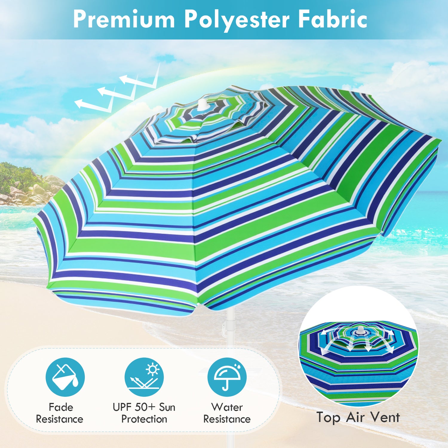 7.2 Feet Portable Outdoor Beach Umbrella with Sand Anchor and Tilt Mechanism-Green