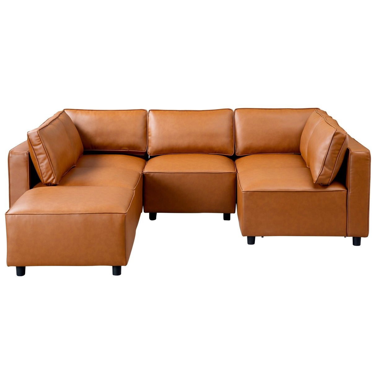 The Reno - Modular Sofa in cognac is an L-shaped leather sectional with three detachable sections, featuring a sleek, modern design and black legs against a plain white backdrop.