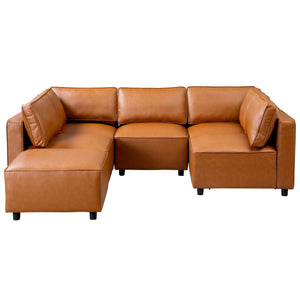 The Reno - Modular Sofa in cognac is an L-shaped leather sectional with three detachable sections, featuring a sleek, modern design and black legs against a plain white backdrop.