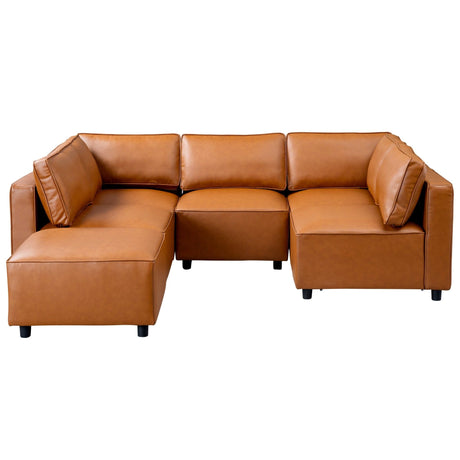 The Reno - Modular Sofa in cognac is an L-shaped leather sectional with three detachable sections, featuring a sleek, modern design and black legs against a plain white backdrop.