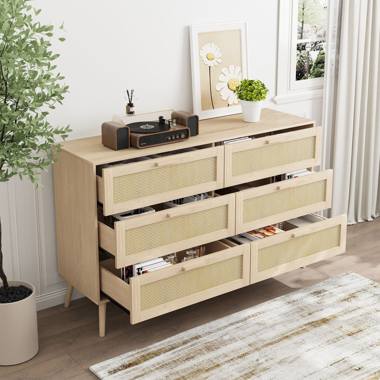 Rattan 6 Drawers Chest Of Dressers For Bedroom, Modern 6 Drawer Dresser, Wide Chest Of Drawers With Wood Handles, Rattan Dresser Storage Cabinet For Living Room, Bedroom, Hallway - Natural Wood / Oak by Couch.com