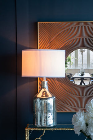 Silver Round Table Lamp with White Fabric Shade