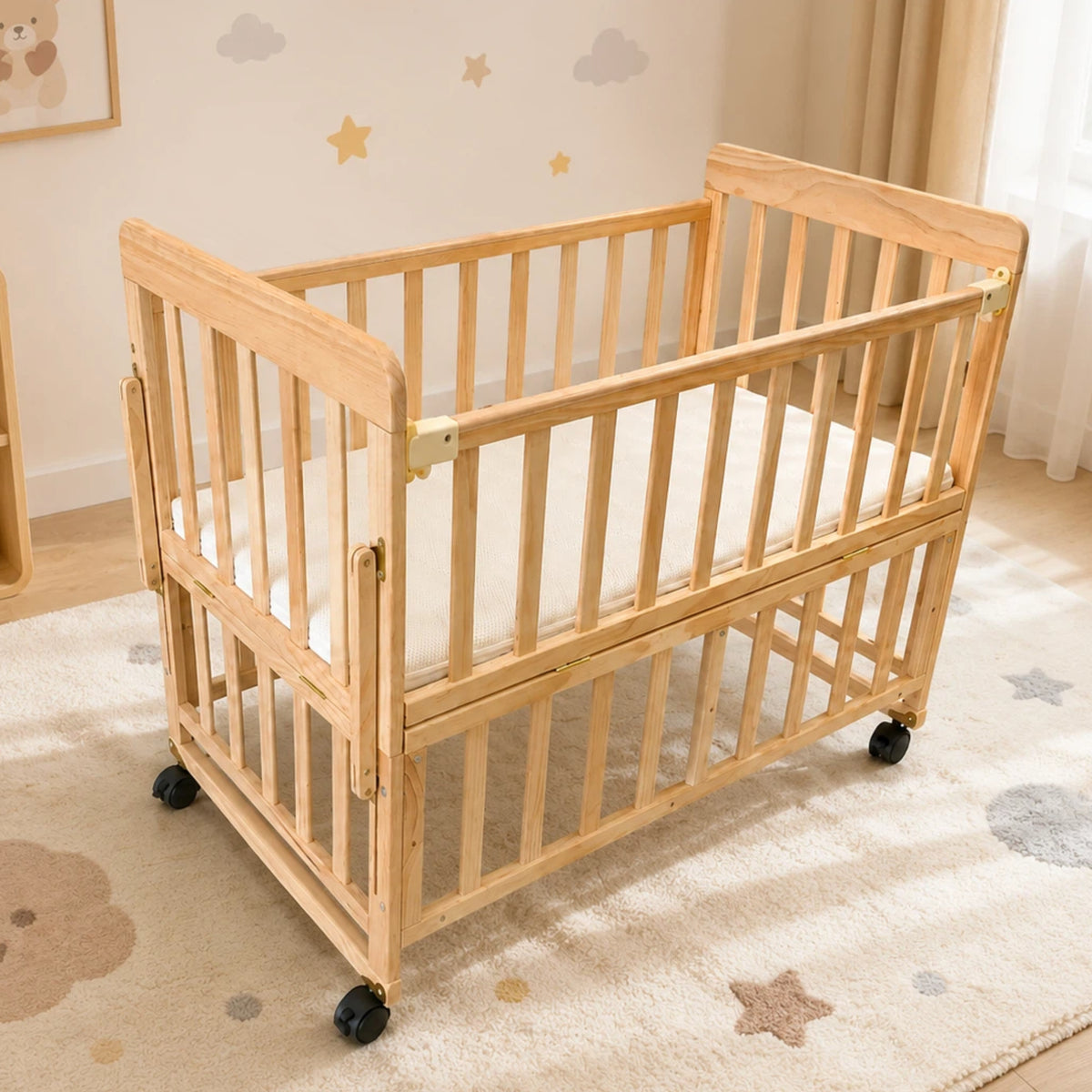 Solid Wood Bedside Baby Bassinet and Mini Crib with Mattress, 3 Adjustable Heights