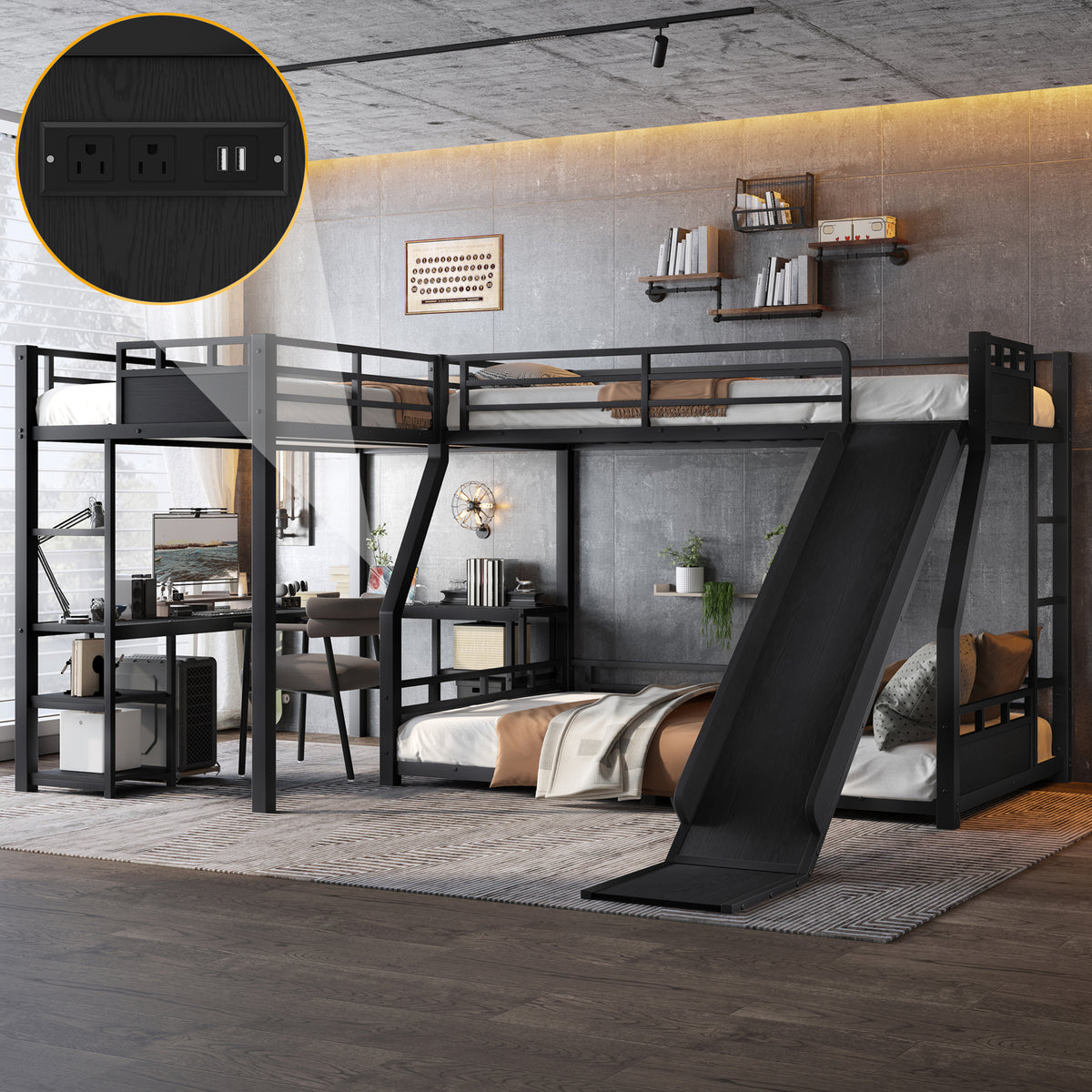 L-Shaped Metal Bunk Bed (Top bed: twin, bottom bed: full ) with Single Loft Bed, Desk, and Storage Shelves, USB Charging Port Included - Metal Triple Bunk Bed with Slide,Black