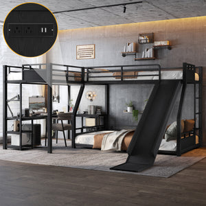 L-Shaped Metal Bunk Bed (Top bed: twin, bottom bed: full ) with Single Loft Bed, Desk, and Storage Shelves, USB Charging Port Included - Metal Triple Bunk Bed with Slide,Black