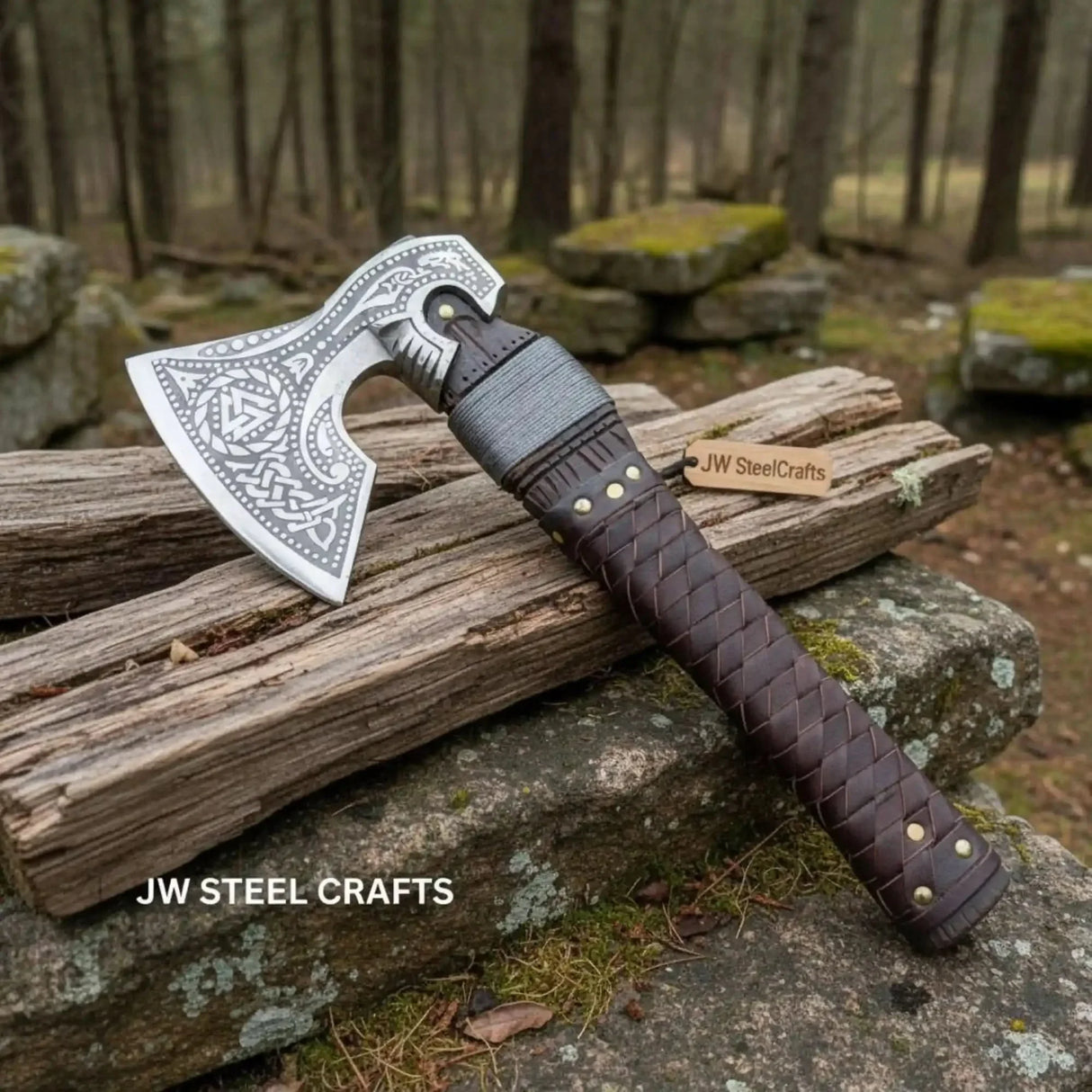 Engraved Norse Valknut Hatchet with Braided Leather Handle