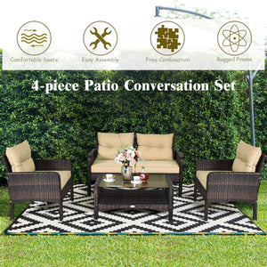 4 Pieces Outdoor Rattan Wicker Loveseat Furniture Set with Cushions-Red