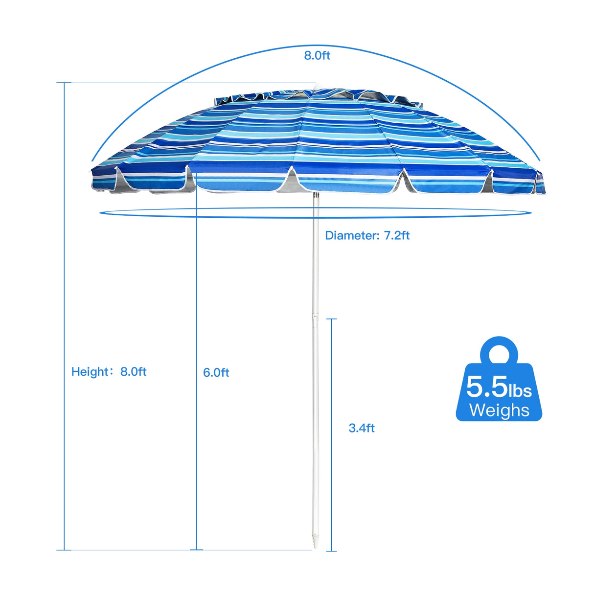 8FT Portable Beach Umbrella with Sand Anchor and Tilt Mechanism for Garden and Patio-Blue