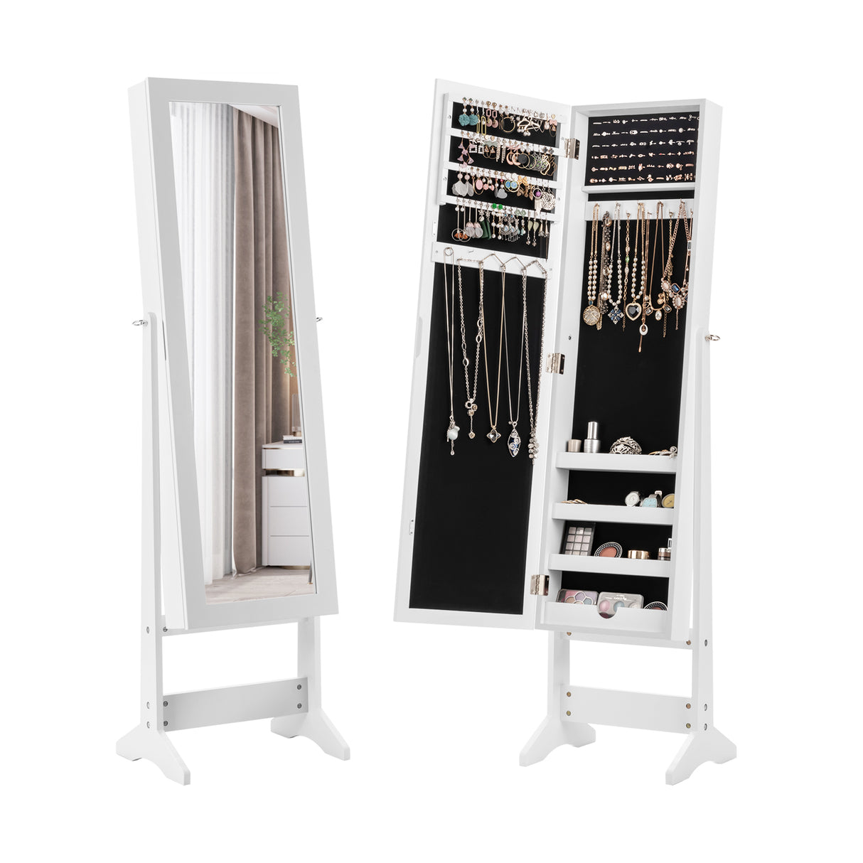 Mirrored Standing Jewelry Cabinet Storage Box-Black