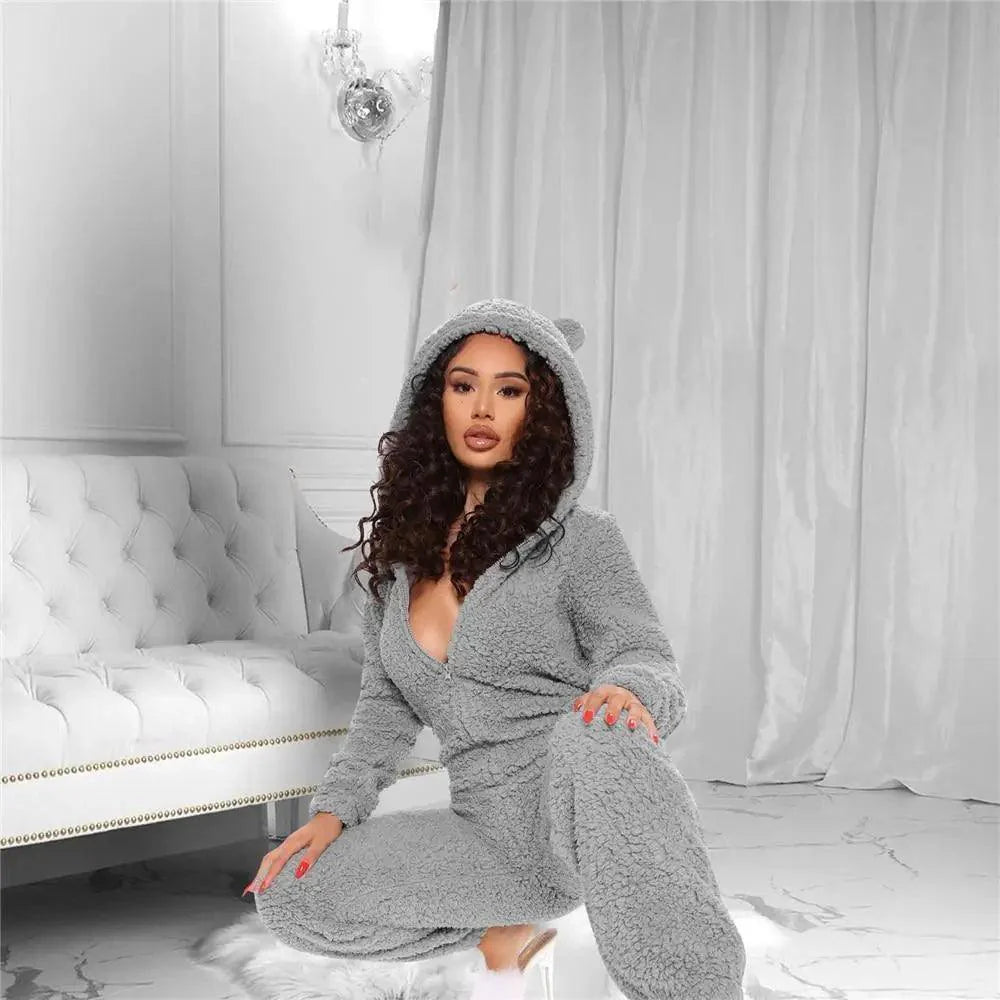Fleece Jumpsuits For Women Autumn Winter One Piece Outfit Women Hooded Romper Winter Cute Pajamas For Winter V Neck Fuzzy Fleece Pajamas Romper Hooded Jumpsuit