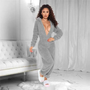 Fleece Jumpsuits For Women Autumn Winter One Piece Outfit Women Hooded Romper Winter Cute Pajamas For Winter V Neck Fuzzy Fleece Pajamas Romper Hooded Jumpsuit