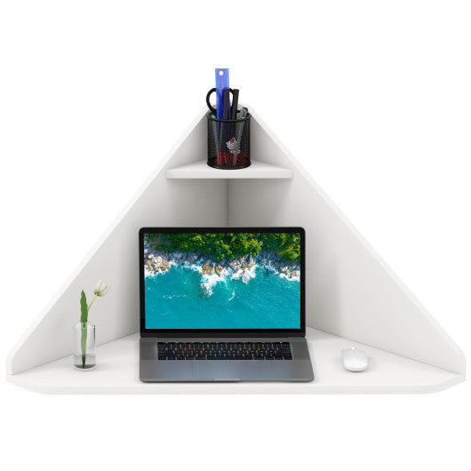 Floating Triangular Corner Computer Desk with Storage Shelf-White