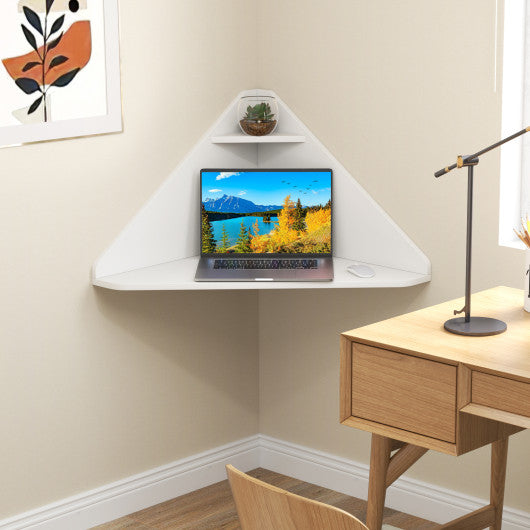 Floating Triangular Corner Computer Desk with Storage Shelf-White