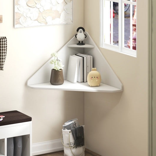 Floating Triangular Corner Computer Desk with Storage Shelf-White