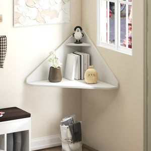 Floating Triangular Corner Computer Desk with Storage Shelf-White