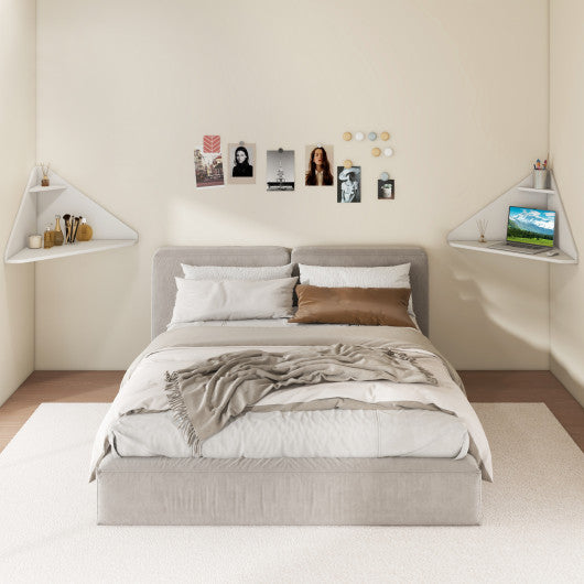 Floating Triangular Corner Computer Desk with Storage Shelf-White