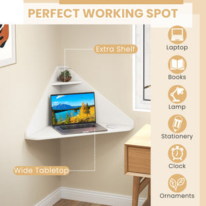 Floating Triangular Corner Computer Desk with Storage Shelf-White