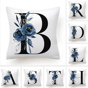 Floral Pillow Covers Alphabet Decorative Pillow Cases ABC Letter Flowers Cushion Covers Blue Flowers Polyester Pillowcase Decorative Sofa Pillows Cover Luxury Soft Materials