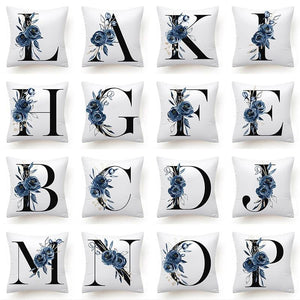 Floral Pillow Covers Alphabet Decorative Pillow Cases ABC Letter Flowers Cushion Covers Blue Flowers Polyester Pillowcase Decorative Sofa Pillows Cover Luxury Soft Materials