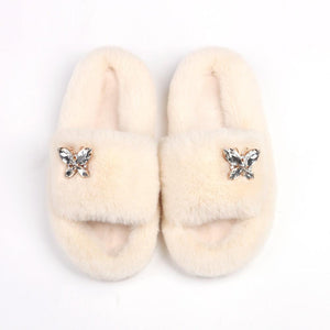 Fluffy Slippers Rhinestone Butterfly Faux Fur Slides Women Sandals Platform Flip Flops Crystal Indoor Slippers Faux Fur Slippers Comfy Open Toe Two Slides Lining And Rubber Sole