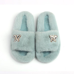 Fluffy Slippers Rhinestone Butterfly Faux Fur Slides Women Sandals Platform Flip Flops Crystal Indoor Slippers Faux Fur Slippers Comfy Open Toe Two Slides Lining And Rubber Sole