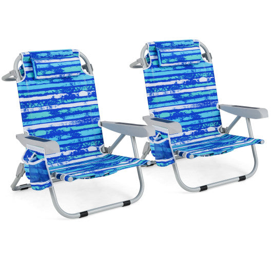 Foldable Backpack Beach Chair with Cup Holder and Storage Pockets Set of 2-Navy