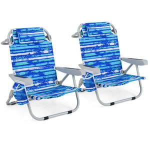 Foldable Backpack Beach Chair with Cup Holder and Storage Pockets Set of 2-Navy
