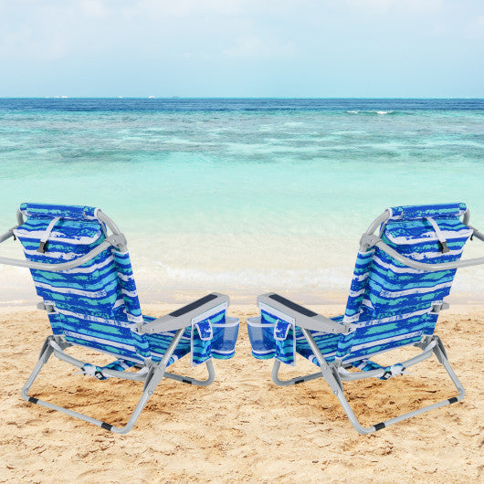 Foldable Backpack Beach Chair with Cup Holder and Storage Pockets Set of 2-Navy