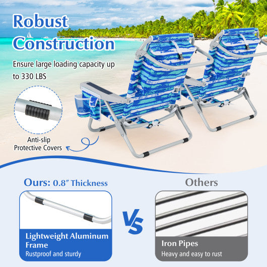 Foldable Backpack Beach Chair with Cup Holder and Storage Pockets Set of 2-Multicolor