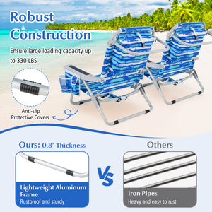Foldable Backpack Beach Chair with Cup Holder and Storage Pockets Set of 2-Multicolor