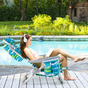 1 Piece Foldable Backpack Beach Chair with Cup Holder and Storage Pockets for Outdoor-Blue and Green by DirectDeals